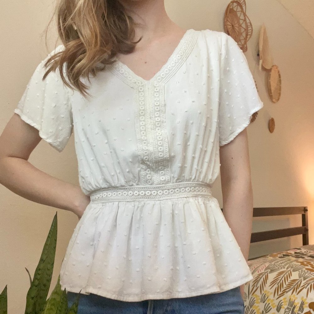 June & Ivy Swiss Dot White Peplum Top